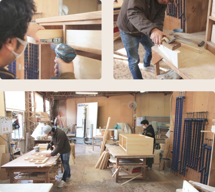 ジャグハウスの店舗併設の自社工場で手づくり家具を製作している様子